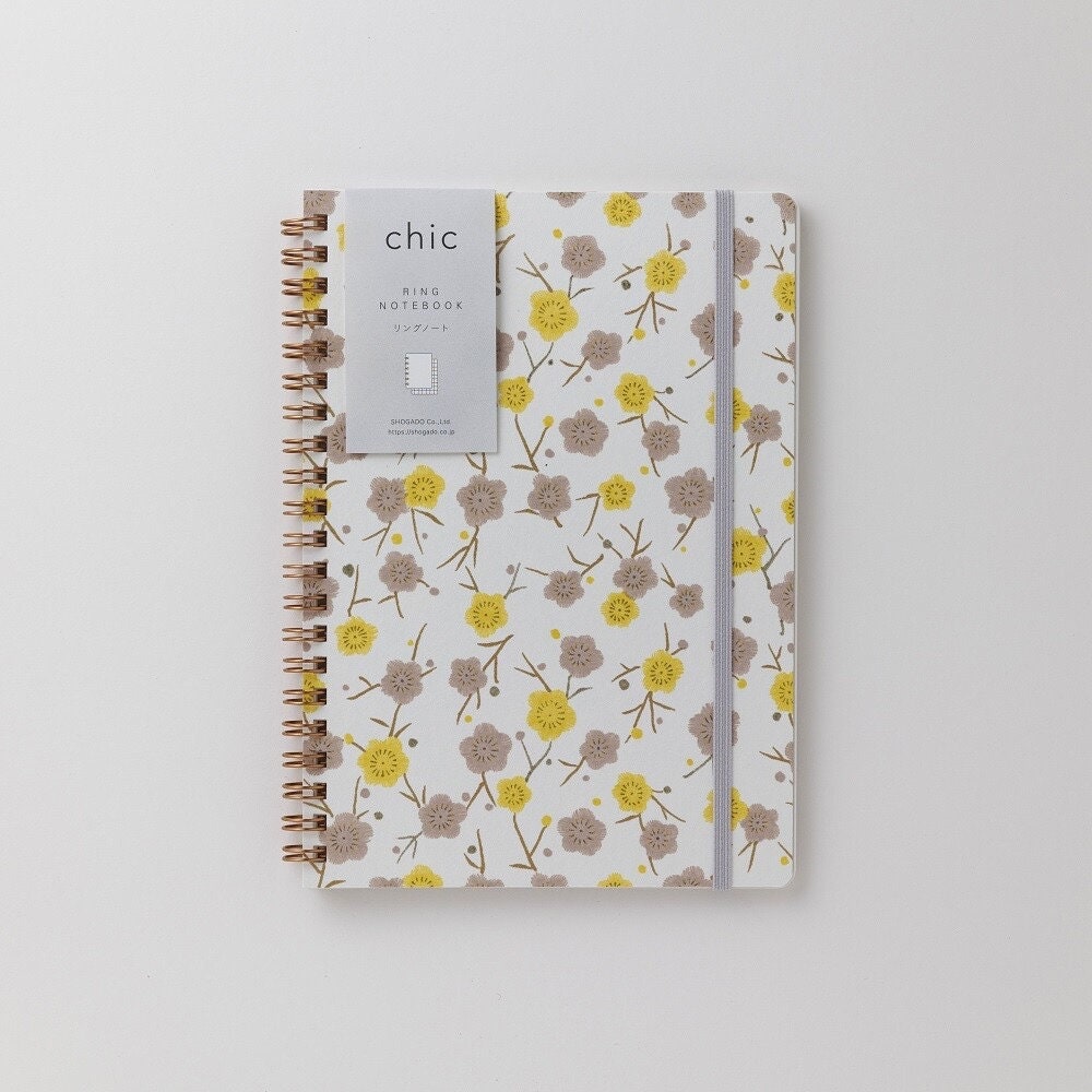 Notebook, Yuzen Washi Ring, Yellow & Grey Flowers