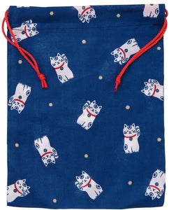Gift Bags, fabric, drawstring, blue with lucky cats