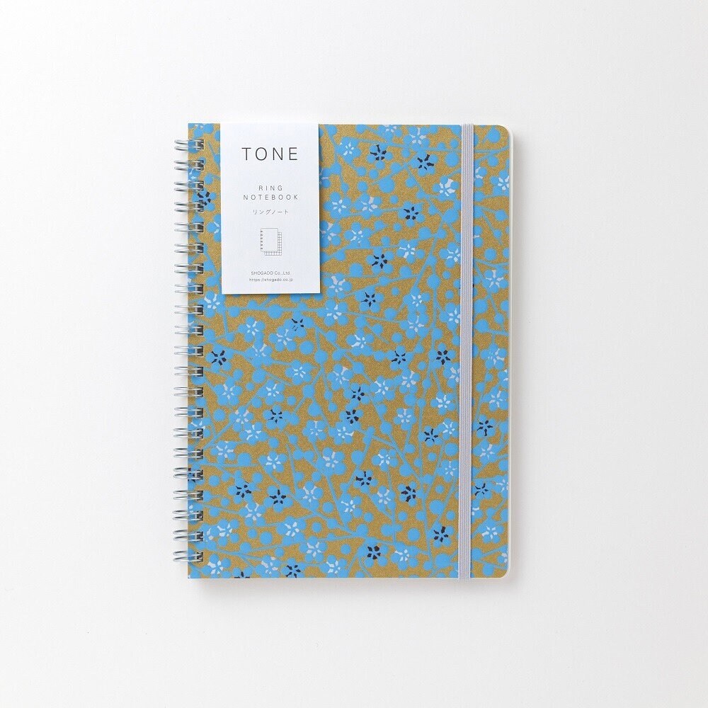 Notebook, Yuzen Washi Ring, Gold & Blue Flowers