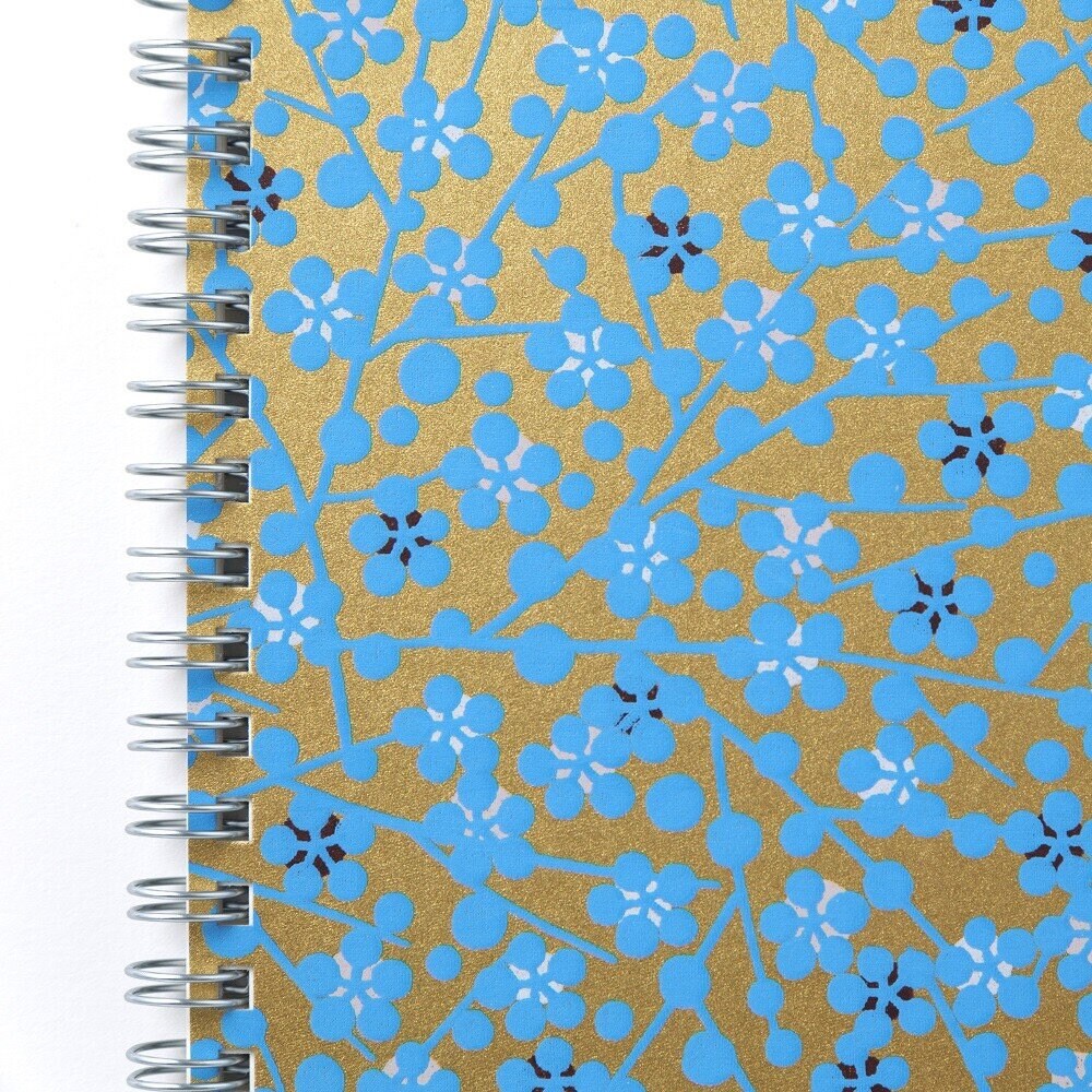 Notebook, Yuzen Washi Ring, Gold & Blue Flowers