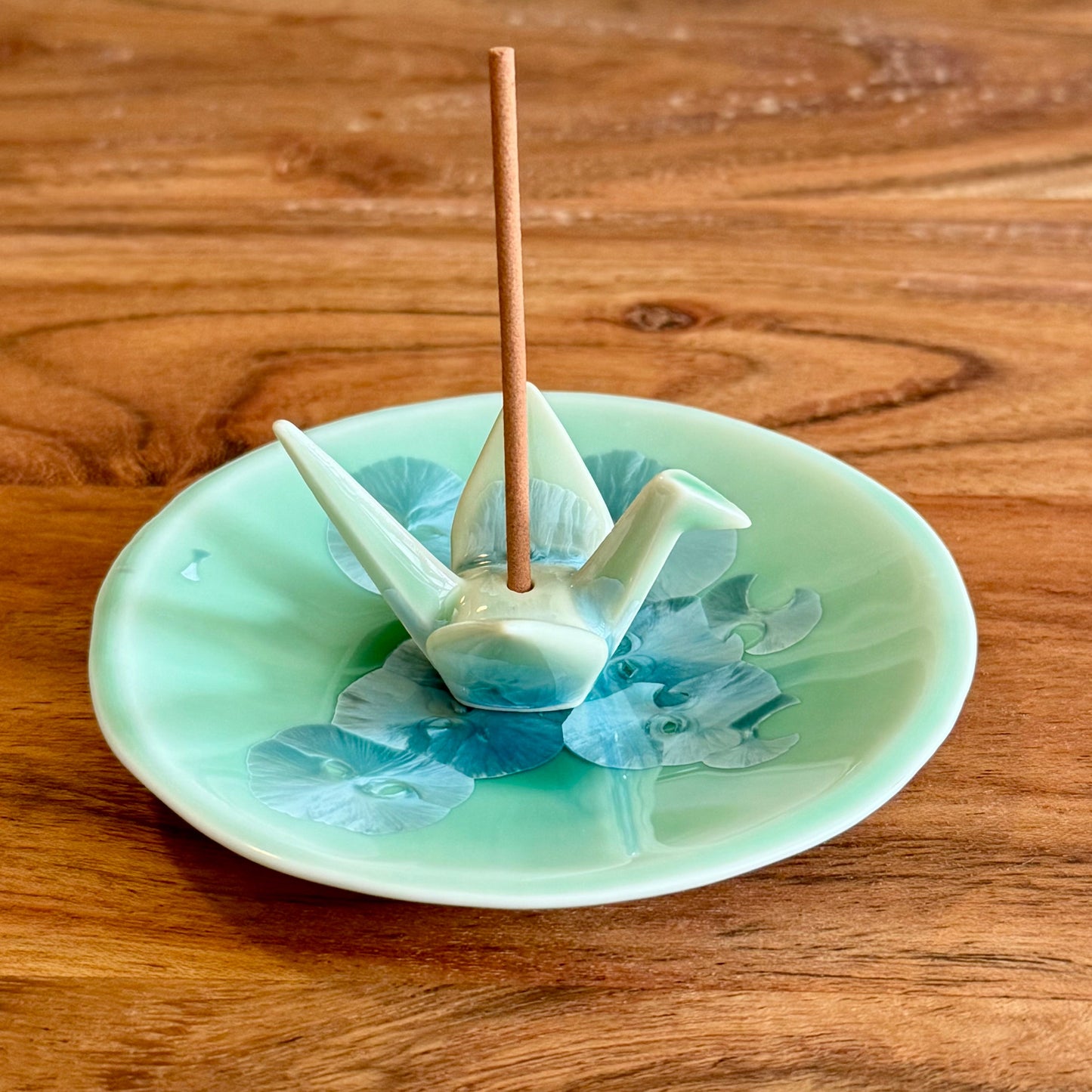 Japanese Incense Holder, Crane & Plate, Green - Scents of Japan