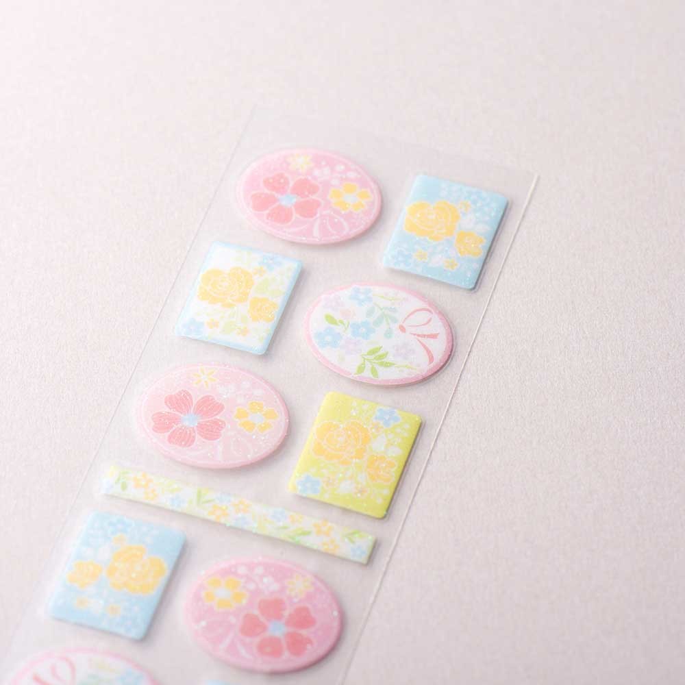 Japanese clear floral stickers, pastel flowers, oval and square shapes, pink yellow and blue, FORON, in packaging – Scents of Japan