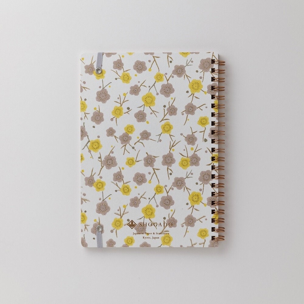 Notebook, Yuzen Washi Ring, Yellow & Grey Flowers