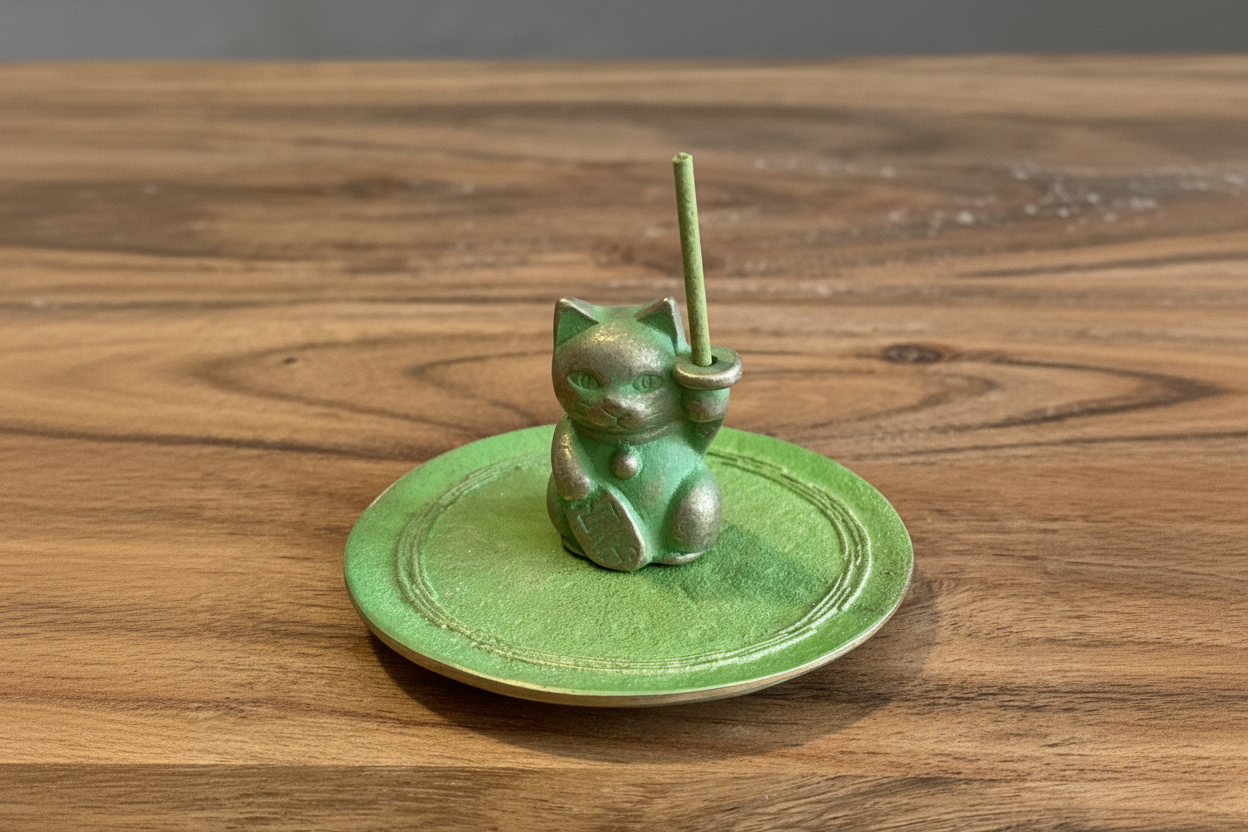Incense Holder, Brass Lucky Cat - Scents of Japan