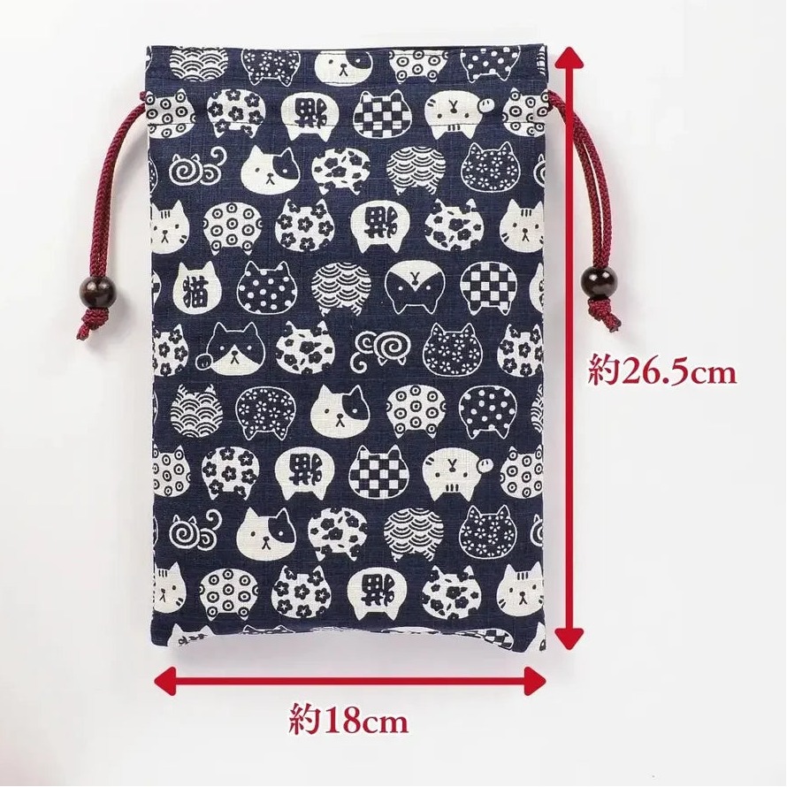 Goshuin Storage Bag, Japanese Cat Faces, navy drawstring bag - Scents of Japan
