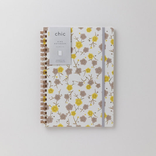Notebook, Yuzen Washi Ring, Yellow & Grey Flowers