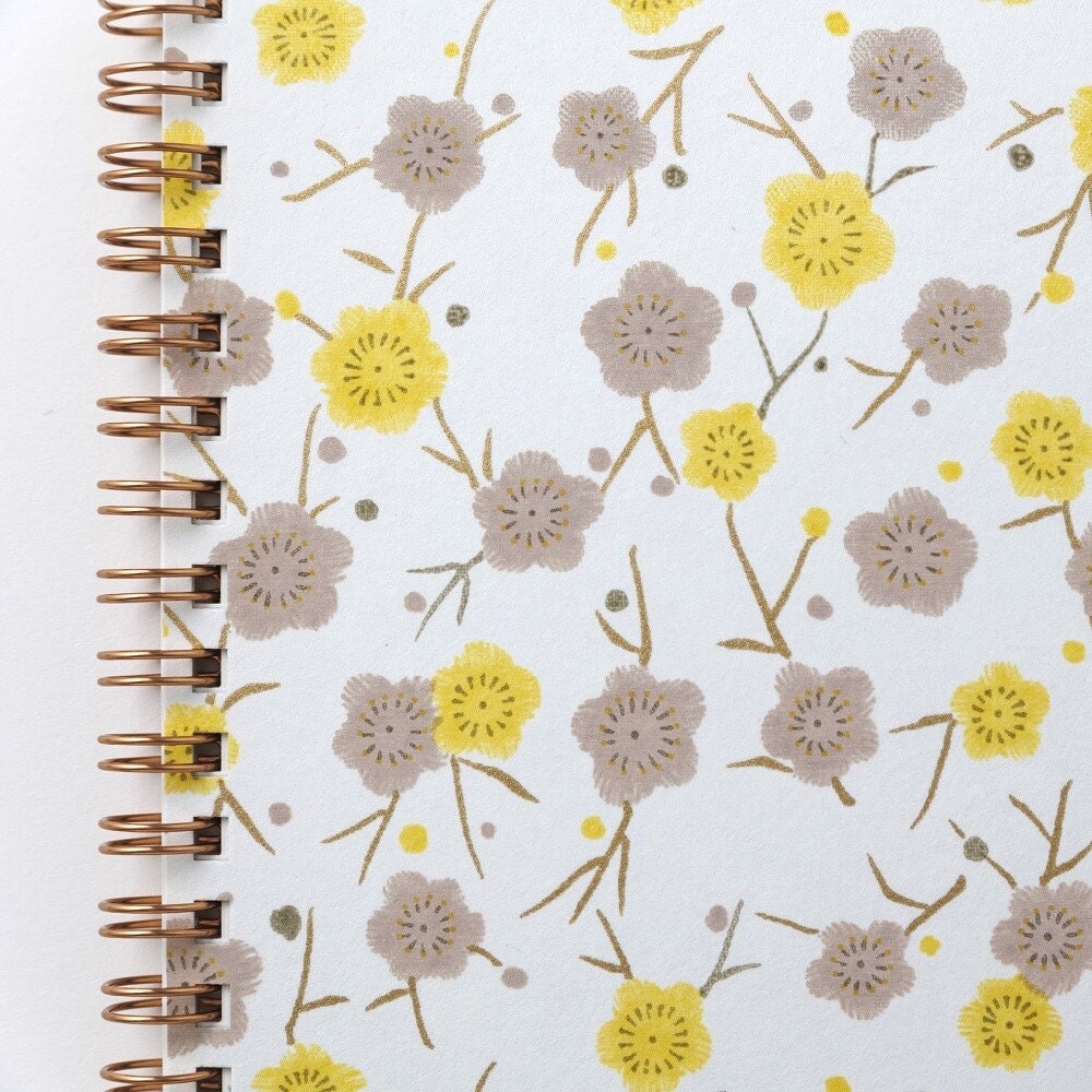 Notebook, Yuzen Washi Ring, Yellow & Grey Flowers