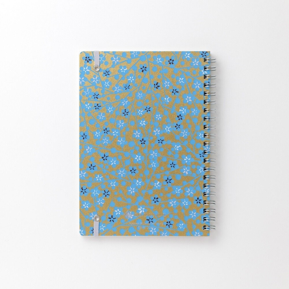 Notebook, Yuzen Washi Ring, Gold & Blue Flowers