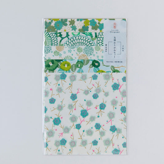 Origami, Yuzen Washi, Green & White Small Flowers