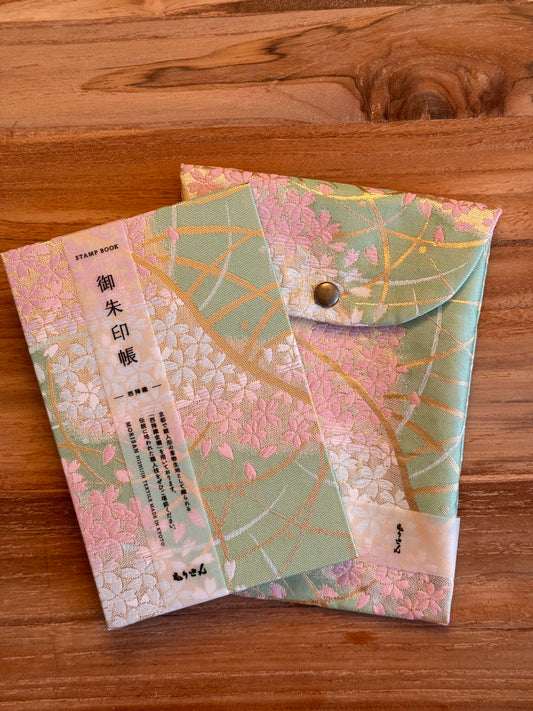 Goshuin-Chou Book & Bag Set, Fabric, Green with Pink Flowers