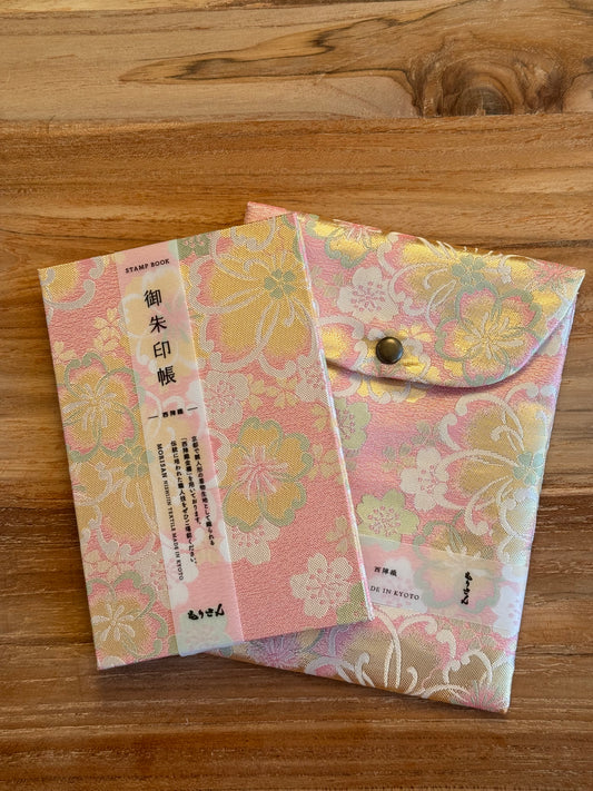 Goshuin-Chou Book & Bag Set, Fabric, Pale Pink/Gold Flowers