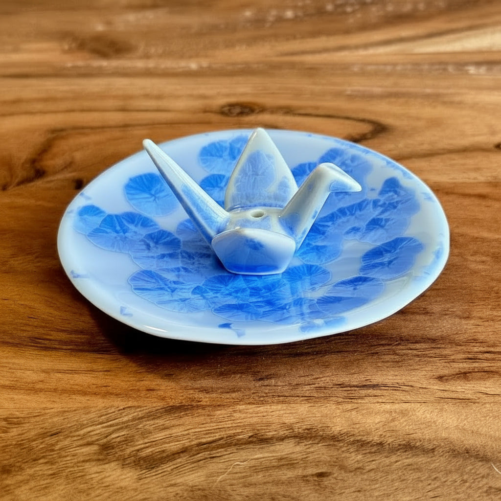 Japanese Incense Holder, Crane & Plate, Blue - Scents of Japan