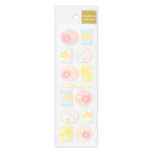 Japanese clear floral stickers, pastel flowers, oval and square shapes, pink yellow and blue, FORON, in packaging – Scents of Japan