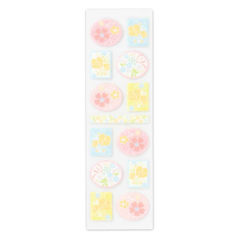 Japanese clear floral stickers, pastel flowers, oval and square shapes, pink yellow and blue, FORON, in packaging – Scents of Japan