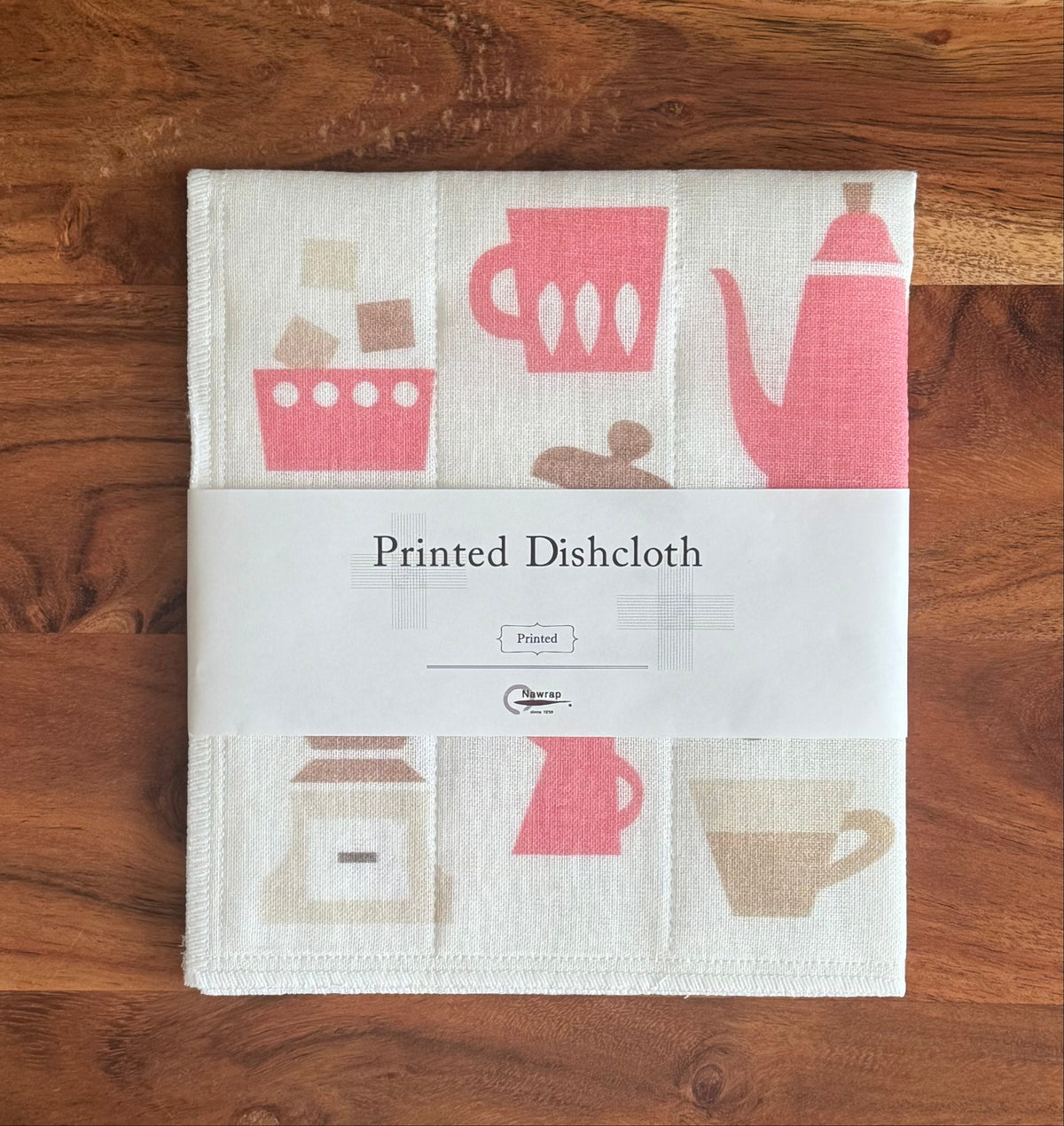 Japanese dish cloth with a pink and grey coffee-and-kitchen design - Scents of Japan.