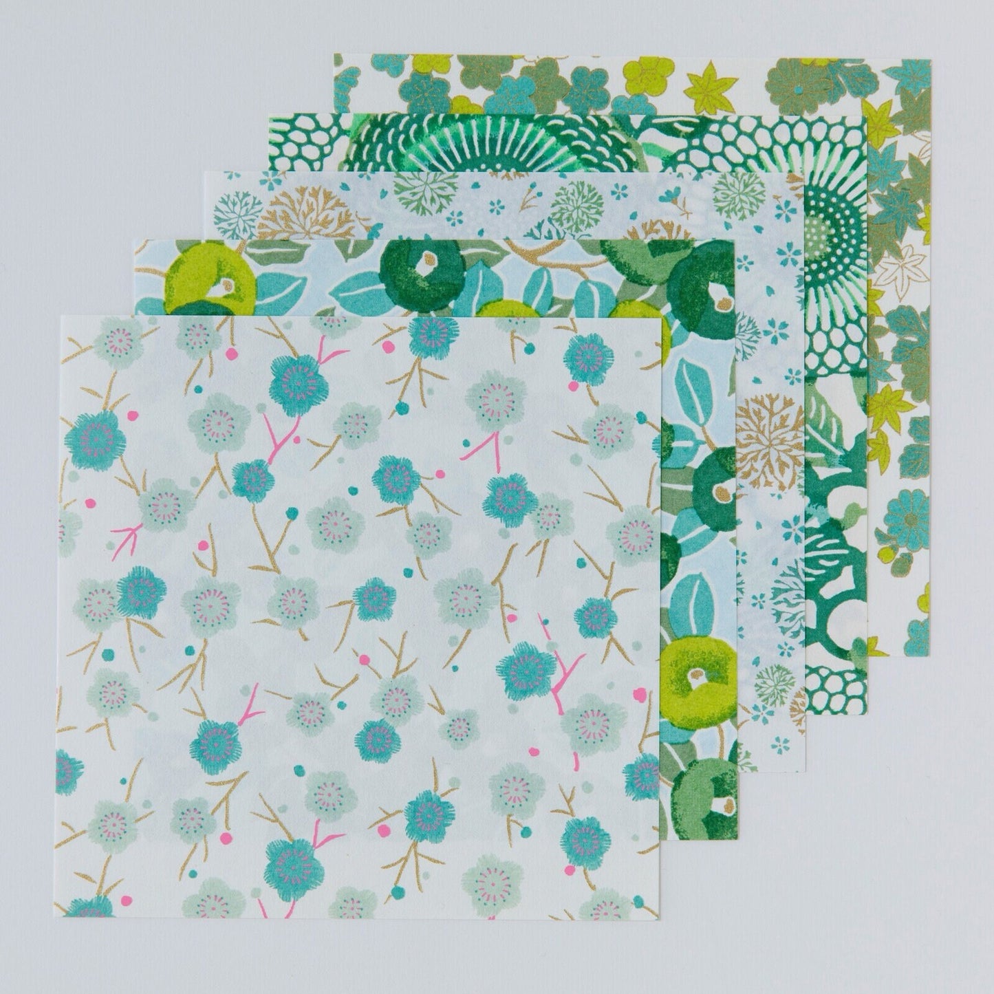 Origami, Yuzen Washi, Green & White Small Flowers