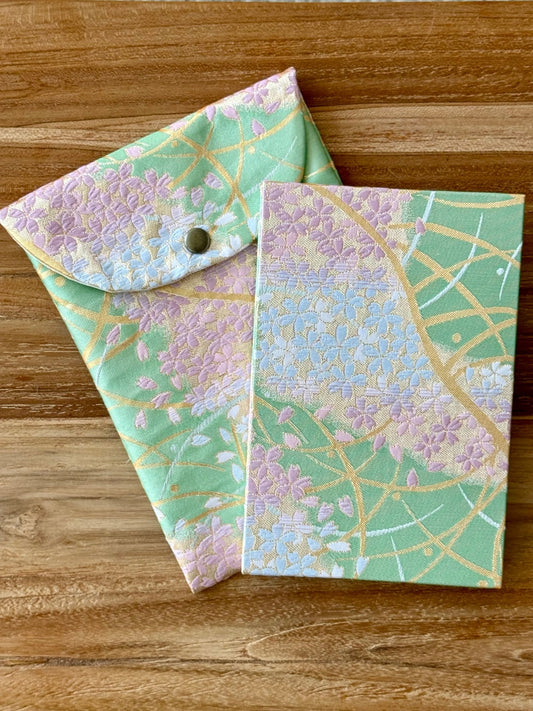 Goshuin - Chou Book & Bag Set, Green with Pink Flowers - Scents of Japan