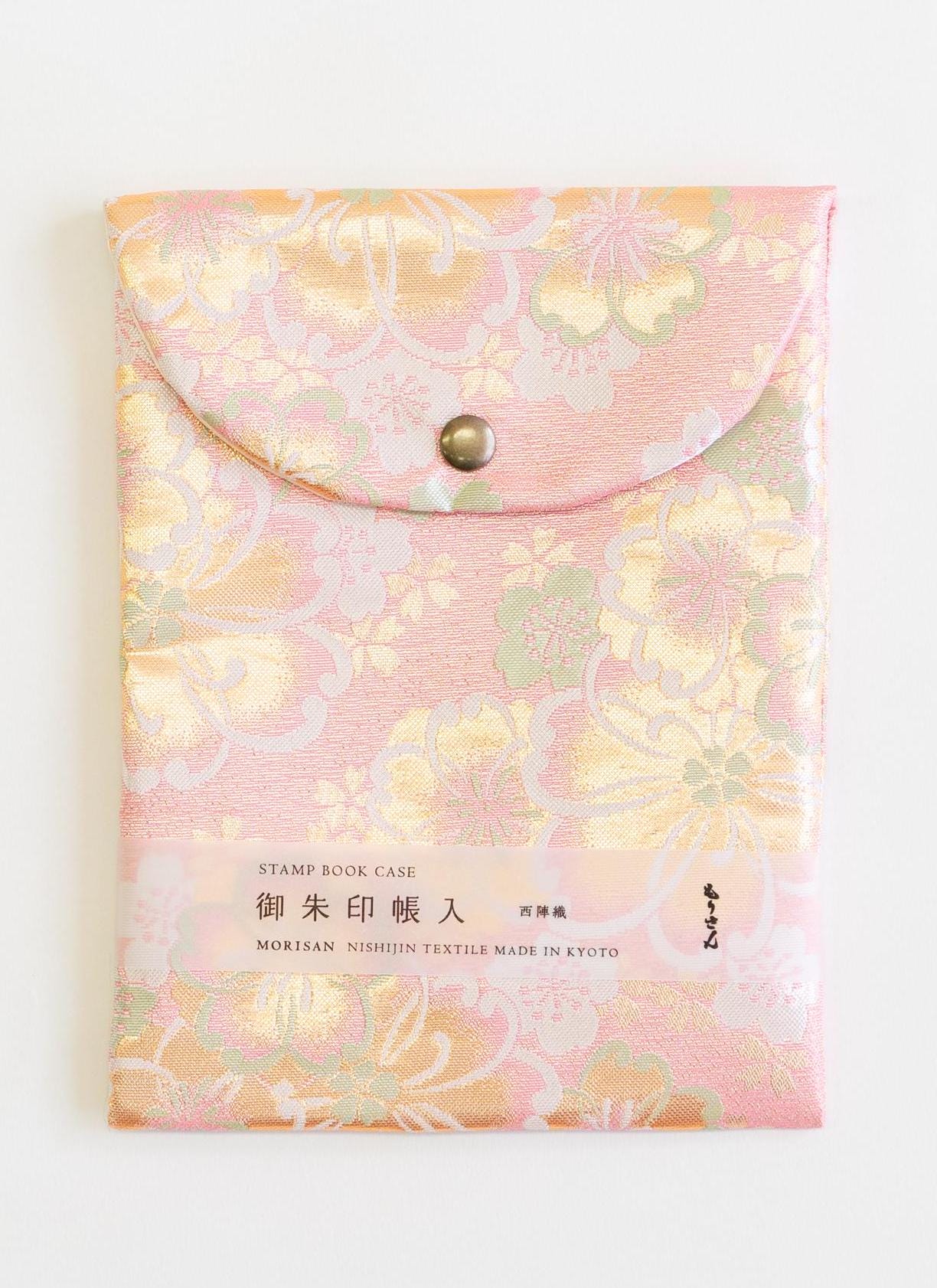 Goshuin-Chou Book & Bag Set , Fabric, Pale Pink/Gold Flowers