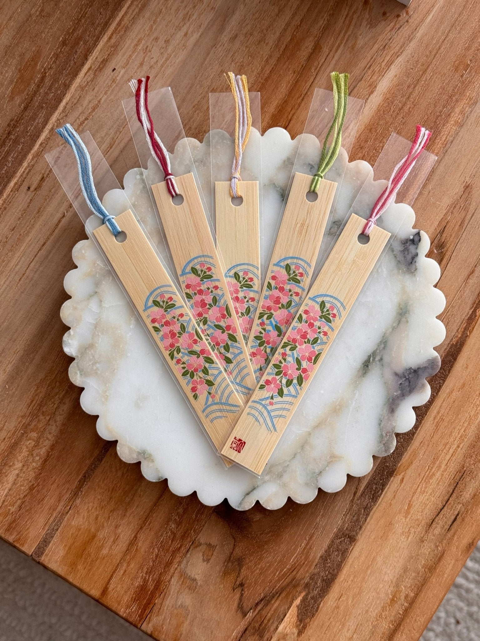Japanese Bamboo Bookmark, Pink Flowers with Blue Waves - Scents of Japan