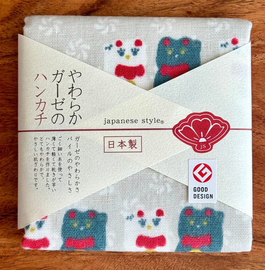 Japanese Handkerchief, Lucky Cat, Soft Gauze - Scents of Japan