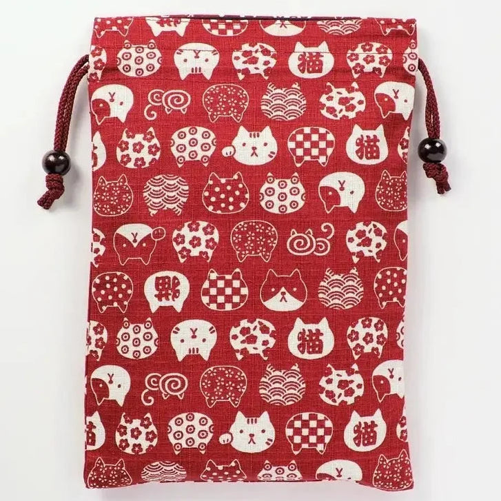 Goshuin Storage Bag, Japanese Cat Faces, Red drawstring bag - Scents of Japan