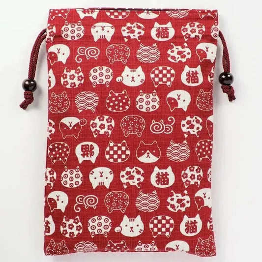 Goshuin Storage Bag, Japanese Cat Faces, Red drawstring bag - Scents of Japan