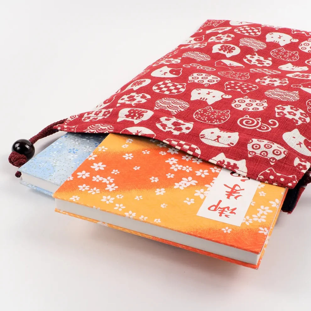 Goshuin Storage Bag, Japanese Cat Faces, Red drawstring bag - Scents of Japan