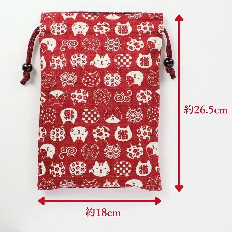 Goshuin Storage Bag, Japanese Cat Faces, Red drawstring bag - Scents of Japan