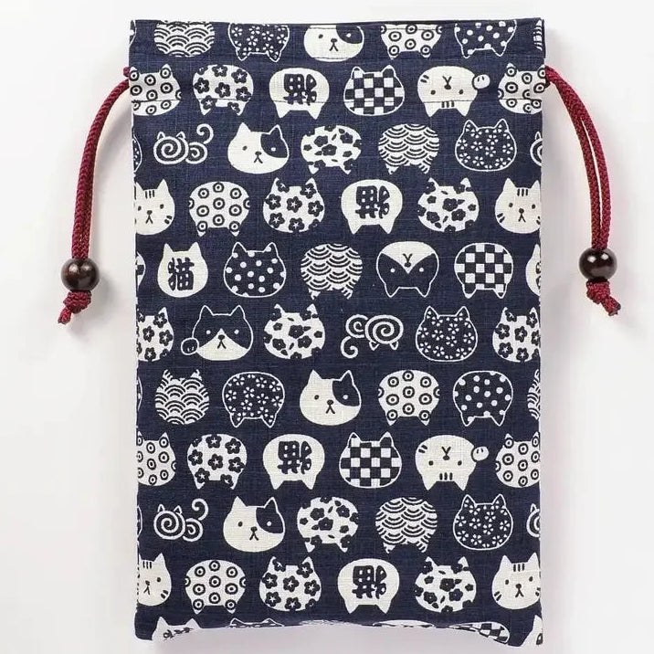 Goshuin Storage Bag, Japanese Cat Faces, navy drawstring bag - Scents of Japan