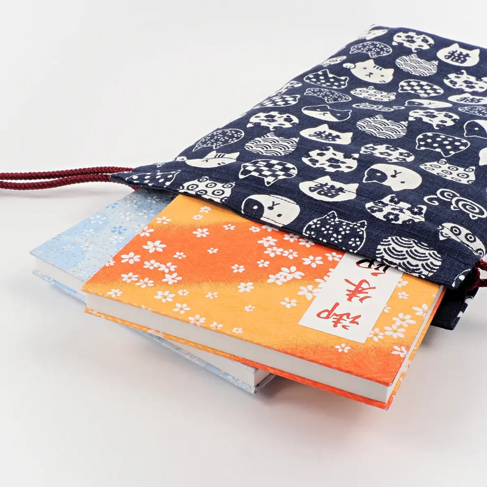 Goshuin Storage Bag, Japanese Cat Faces, navy drawstring bag - Scents of Japan